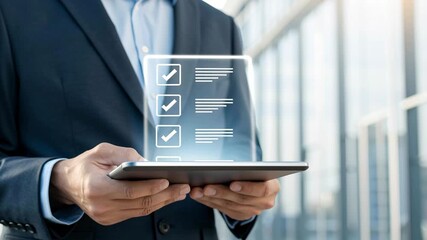 Businessman using tablet for digital checklist in modern office environment - Powered by Adobe