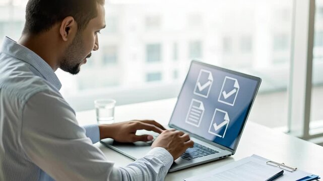 Focused professional working on a laptop with digital documents in a modern office setting