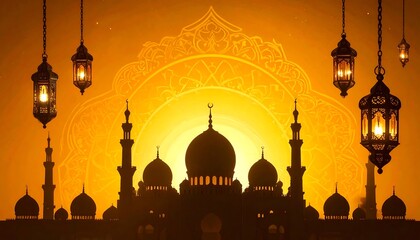 Silhouette of Mosque with Lanterns for Ramadan Celebration.