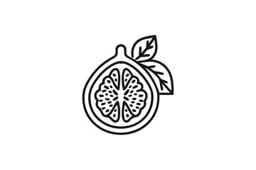 A halved fig fruit with leaves is displayed in a simple black outline