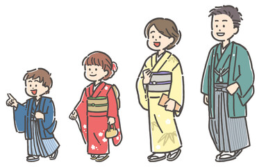 紋付袴、訪問着、振袖の着物を着た4人家族のセット