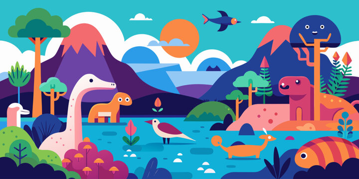 Whimsical cartoon landscape with friendly dinosaurs, birds, trees, and mountains under a bright sun and blue sky Modern car vector illustration Flat car icon Urban vehicle vector