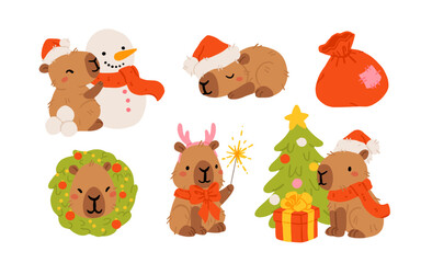 Obraz premium Collection of winter cute capybaras with New Years wreath, gift, bathing in hot water and in Christmas bow and hat. Vector illustration. Isolated kawaii animal character