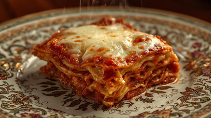 Lasagna dish filled with meat and mozzarella cheese served warm on a ceramic plate with classic ornaments.