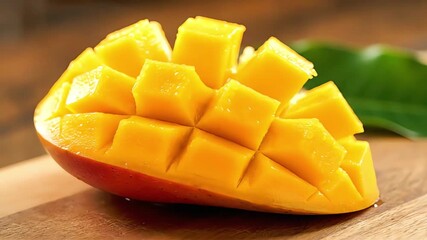 Fresh Ripe Mango Sliced and Cubed in Hedgehog Style Ready to Eat on Wooden Board Juicy Tropical Fruit Perfect for Healthy Snacks and Desserts
