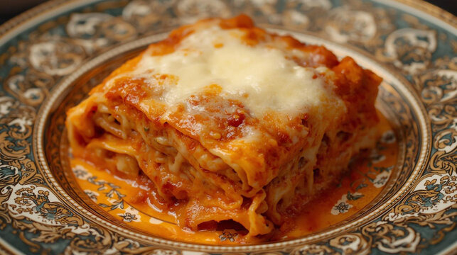 Lasagna dish filled with meat and mozzarella cheese served warm on a ceramic plate with classic ornaments. - Powered by Adobe