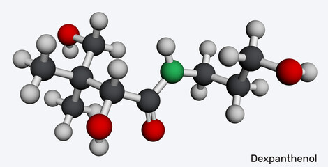 Dexpanthenol molecule. Provitamin B5 for skincare moisturizing and barrier repair, nasal spray and ophthalmic uses, cosmetic and pharmaceutical ingredient. Molecular model. 3D rendering. Illustration