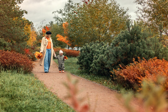 mother and child are walking outdoors on an autumn day. Family  happy togethe
