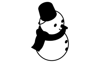 Snowman wearing a bucket hat and scarf, two snowballs, cute winter character, isometric line drawing, black and white