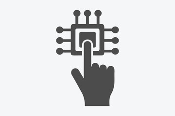 A hand touches the flat icon representing circuit board technology with its finger