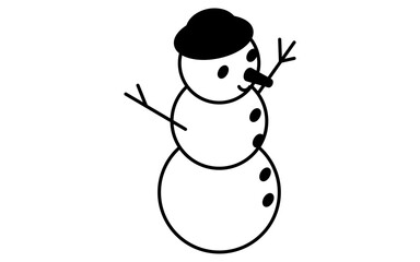 Snowman with hat and wooden branch arms, three snowballs, classic Christmas snowman, isometric line drawing, black and white