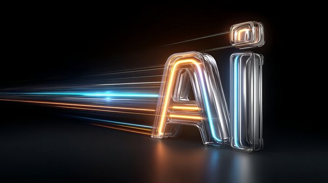 A modern 3D AI lettering with dynamic light trails, representing advanced technology and futuristic design.
