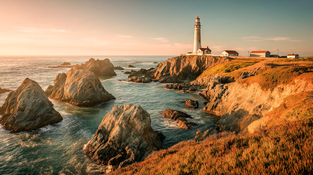 rocky coastline with lighthouse at golden hour - Powered by Adobe