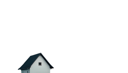 Small, white dwelling with a dark roof, window, and chimney, set against a pitch-black backdrop