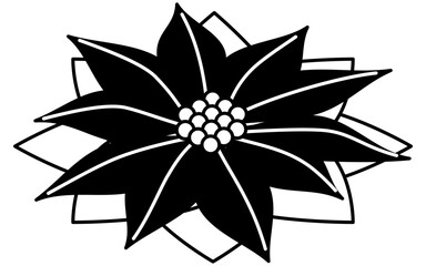 Poinsettia Isometric Line Drawing Icon Illustration of a Christmas Flower with Petals and Green Leaves, black and white