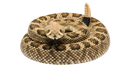 Obraz premium Coiled rattlesnake with tongue sticking out on transparent background , png