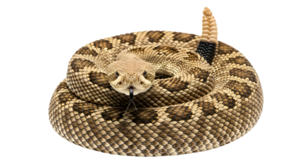 Coiled rattlesnake with tongue sticking out on transparent background , png