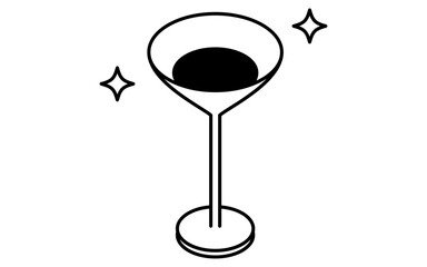 Cocktail Glass Isometric Line Drawing Icon Illustration of a Festive Holiday Drink with Garnish, black and white