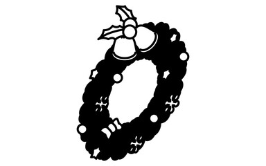 Christmas Wreath Isometric Line Drawing Icon Illustration of a Decorative Holiday Green Wreath with Ribbon, black and white