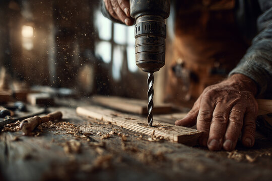 Close-up of a craftsman drilling a wooden plank in a rustic workshop — detailed woodworking scene with hands, drill bit, shavings and warm light