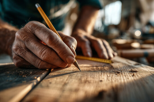 Close-up of a skilled carpenter's hands marking precise measurements on a wooden plank with pencil and tape measure in a sunlit workshop