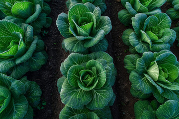 Obraz premium Aerial view of fresh green cabbage plants in neat rows, leaves glistening with morning dew on fertile dark soil in vegetable field