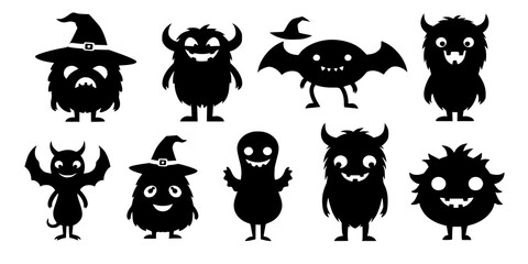Halloween monster silhouettes collection. Cute and funny creatures. Black and white illustration
