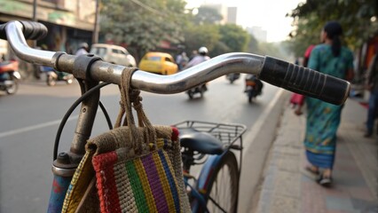 Bicycle with colorful bag hangs on its handlebar in urban Indian street scene with people and vehicles in background