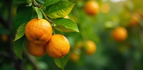 Sun kissed Citrus Grove Morning A close up, low angle shot of ripe oranges and lemons hanging on branches in a citrus grove during golden hour. Dew drops glisten on the fruit and leaves. Soft, warm
