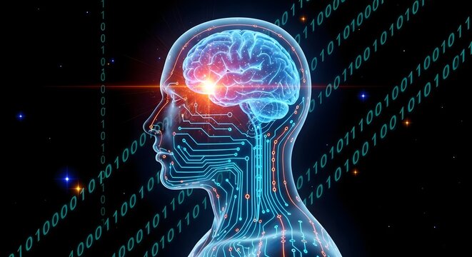 Artificial intelligence, machine learning, and human brain computing. Concept of neural networks and digital technology. Wireframe human body with glowing brain and circuit lines with binary code
