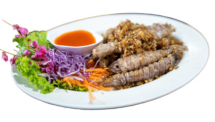 Isolated Deep Fried Mantis Shrimp with Garlic and Chili Sauce