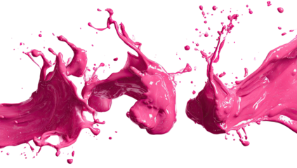 Vivid pink liquid splashes in three distinct patterns against a stark black backdrop