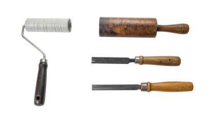 Tools for traditional printmaking, brayer roller, lino cutting tool with multiple nibs, flat lay composition, isolated on transparent background, png