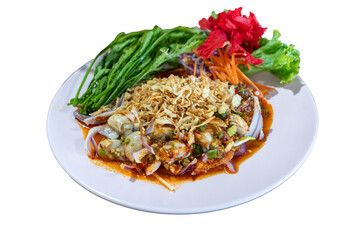 Isolated Thai Spicy Oyster Salad (Yum Hoi Nang Rom) on a White Background