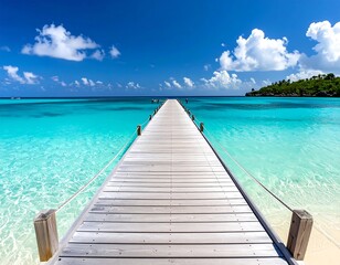 Fototapeta premium Wooden pier stretches into turquoise waters under a sunny, blue sky
