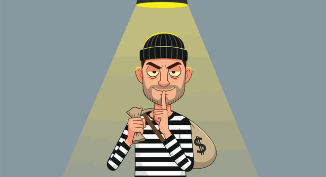 Cartoonish bank robber with money sack gesturing silence under spotlight
