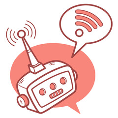 Cartoon robot with antenna and speech bubble containing wifi signal on a pink background element design