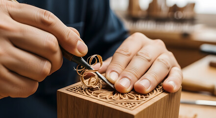 A craftsman carves an intricate floral pattern into a wooden block using a sharp chisel