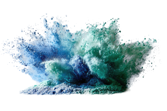 A dynamic explosion of color with blues and greens against a black background, reminiscent of a wave - Powered by Adobe