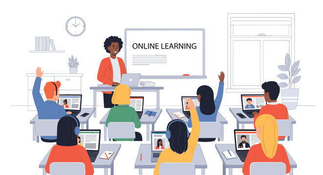 Diverse group of students attentively participating in an online learning classroom setting, engaging with digital resources and instructor guidance