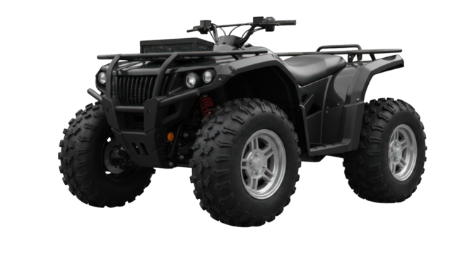 Black ATV, side view, with large tires, on black background