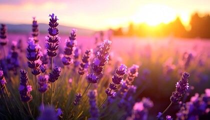 Fototapeta premium Close-up of vibrant lavender field at sunset, with soft focus and warm sunlight.