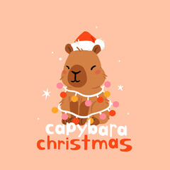 Greeting card with winter cute capybaras with New Years wreath, gift, bathing in hot water and in Christmas bow and hat. Vector illustration. Poster with kawaii animal character