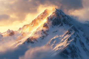 Majestic mountain range covered in snow, golden sunlight breaking through the clouds, breathtaking scenery