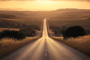 Lonely road stretching into the horizon at dusk, warm golden hour light, melancholic cinematic feel