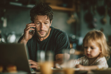 Focused father juggling remote work and toddler at the kitchen table — thoughtful man on a phone call while using a laptop during breakfast at home