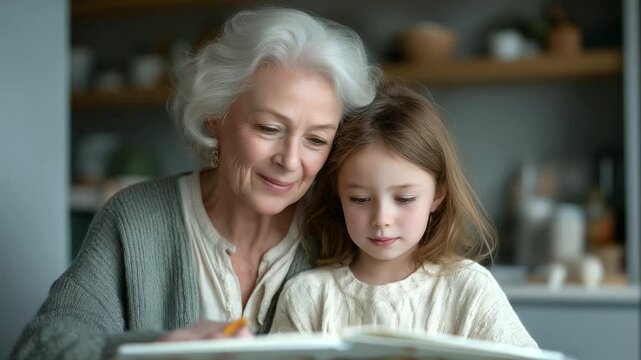 grandmother and granddaughter illustrating storybook characters at kitchen table soft pencil strokes intergenerational imagination three quarter wide angle cinematic color correct