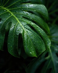 Fototapeta premium Dew-Kissed Monstera Leaf - Lush Greenery with Water Droplets in Dark Ambiance.