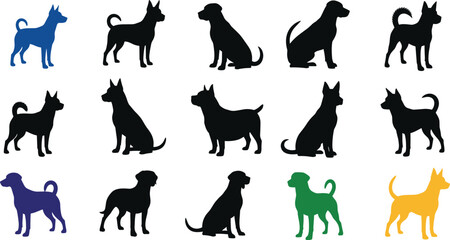 Fototapeta premium Dog Silhouette Collection Vector Art Illustrations: Diverse Poses Breed Profile in Black, Blue, Green, Yellow on White Background for Pet Lovers Graphic Design Projects Animal Mascot Creative Assets B