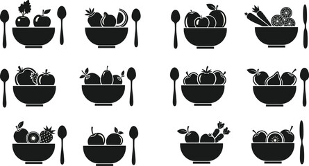 Healthy Eating Illustrations: Monochrome Fruit & Vegetable Bowls with Spoons, Knife - Nutritious Food Pictograms for Wellness, Lifestyle, Dieting, Recipe Guides, Modern Graphic Resources, Restaurant M